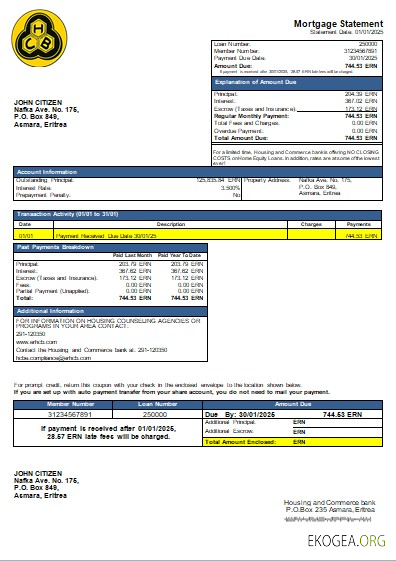 Relevé hypothécaire de la Banque du logement et du commerce de l'Érythrée scr